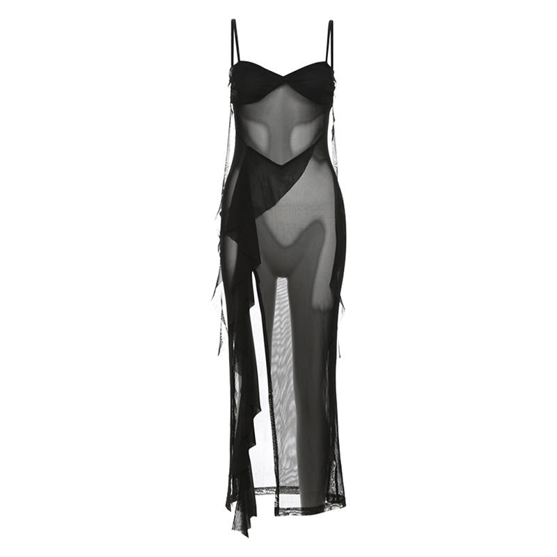 Damen Transparente Maxikleid mit asymmetrischen Fransen Echo Archiv