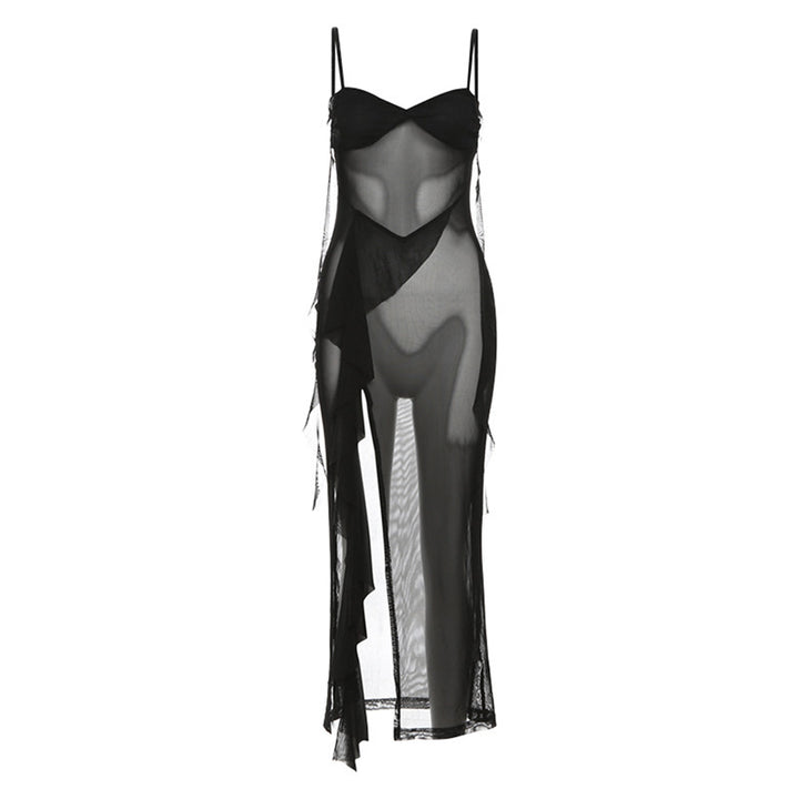 Damen Transparente Maxikleid mit asymmetrischen Fransen Echo Archiv