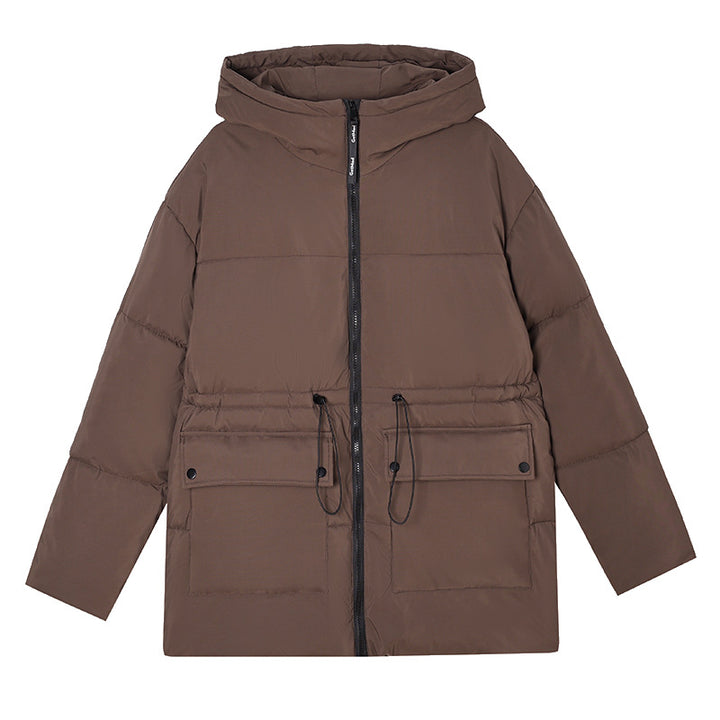Damen mittellanger Thermoparka mit taillierendem Tunnelzug, ergonomischer Kapuze und großen Klapppattentaschen – Avérine