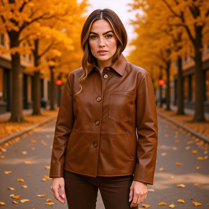 Damen Overshirt-Jacke in Lederoptik mit aufgesetzter Brusttasche und verdeckter Knopfleiste Echo Archiv