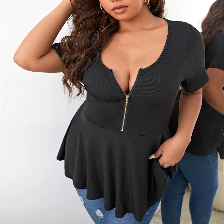 Damen Geripptes Zip-Peplum-Top mit tiefem V-Ausschnitt Echo Archiv