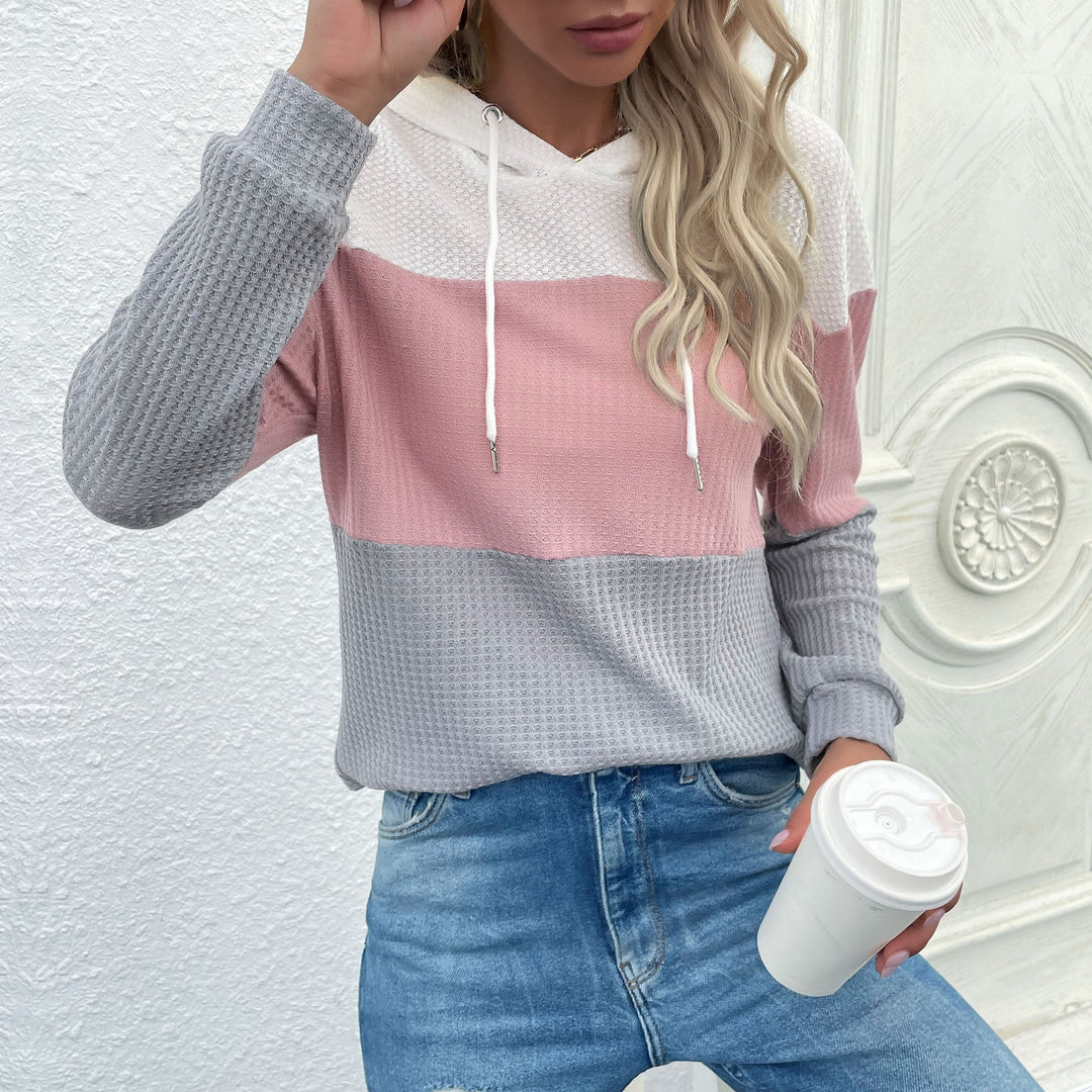 Damen Lässiger Strick-Hoodie mit Colorblock, Kordelzug und feinem Waffelmuster Echoarchiv
