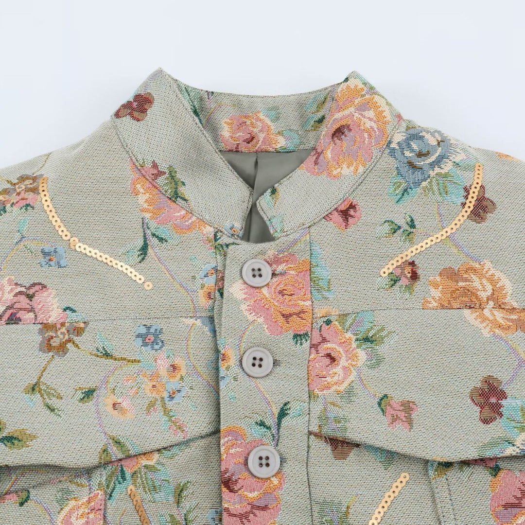 Damen Bestickte Jacquard-Kurzjacke mit Mandarin-Kragen und aufgesetzten Klappentaschen Echo Archiv