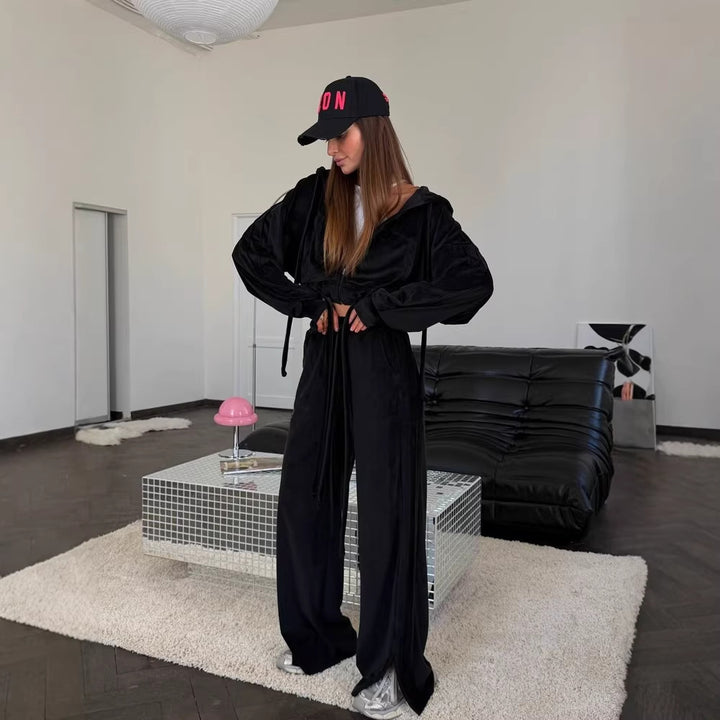 Damen Cropped Kapuzenjacke mit Kordelzug und weitem Split-Hose Lounge-Set – Auréline