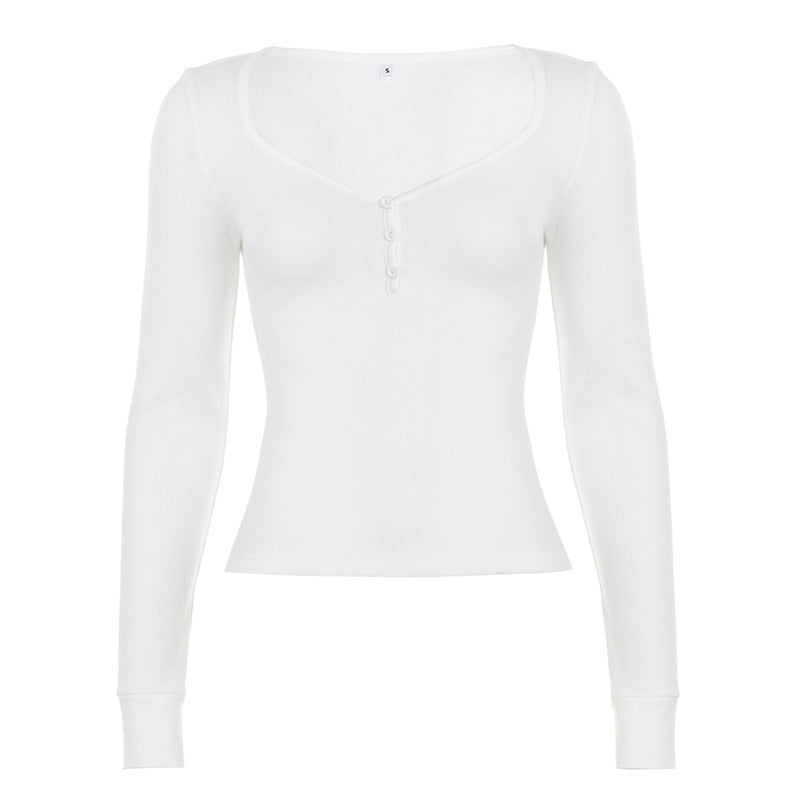 Damen nan figurbetontes geripptes Langarm-Henley-Top mit tiefem V-Ausschnitt und Knopfleiste Echo Archiv