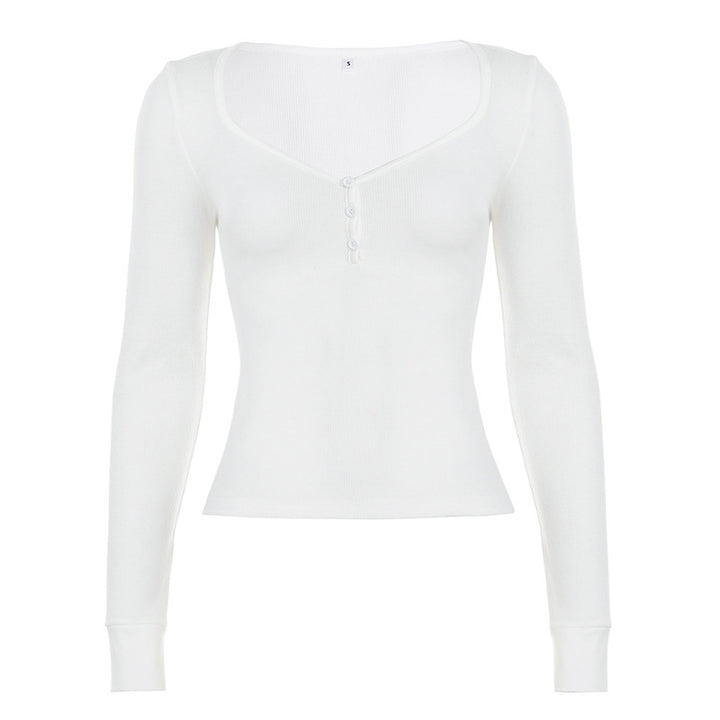 Damen nan figurbetontes geripptes Langarm-Henley-Top mit tiefem V-Ausschnitt und Knopfleiste Echo Archiv