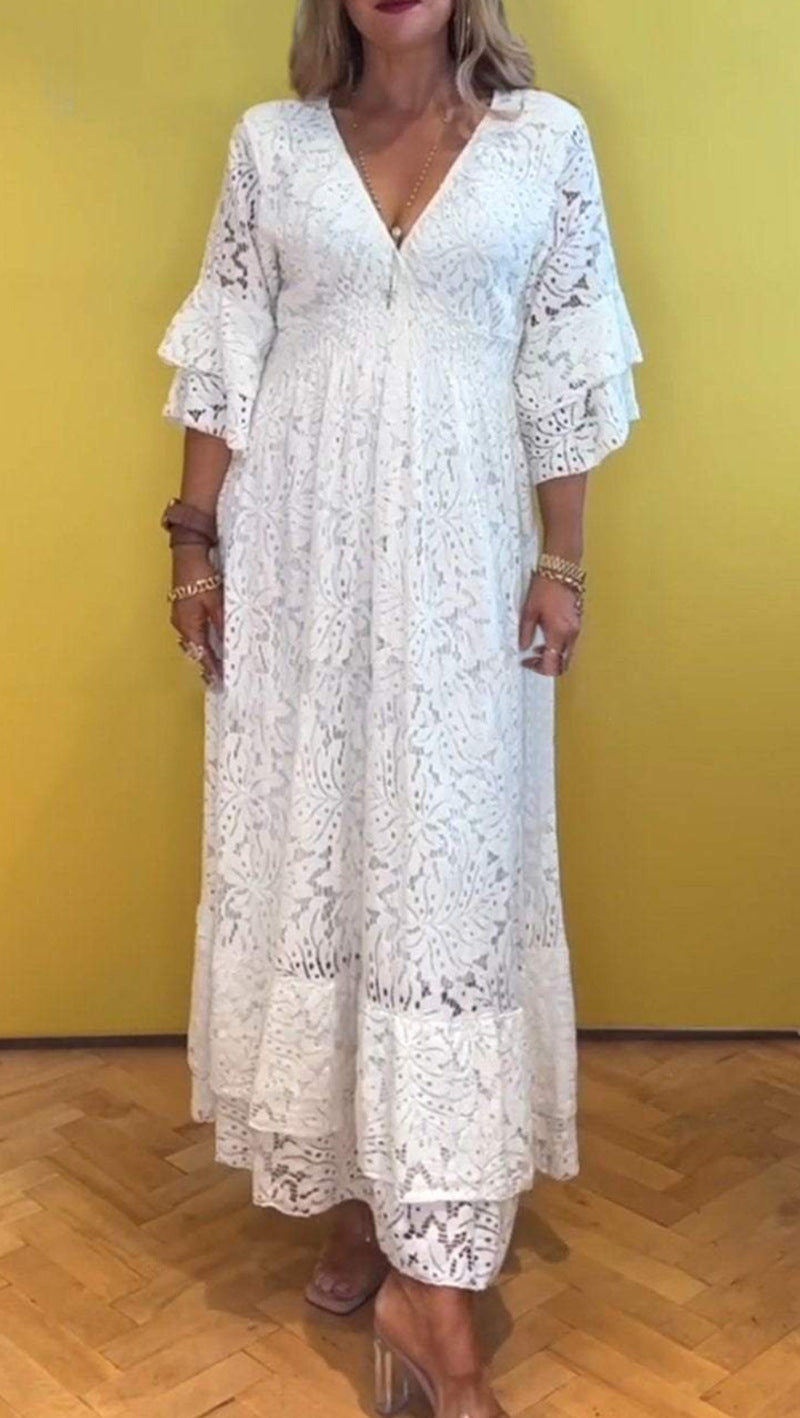 Damen nan Boho-Spitzen-Maxikleid mit V-Ausschnitt, Unterbrustnaht und gestuften Volantärmeln Echo Archiv