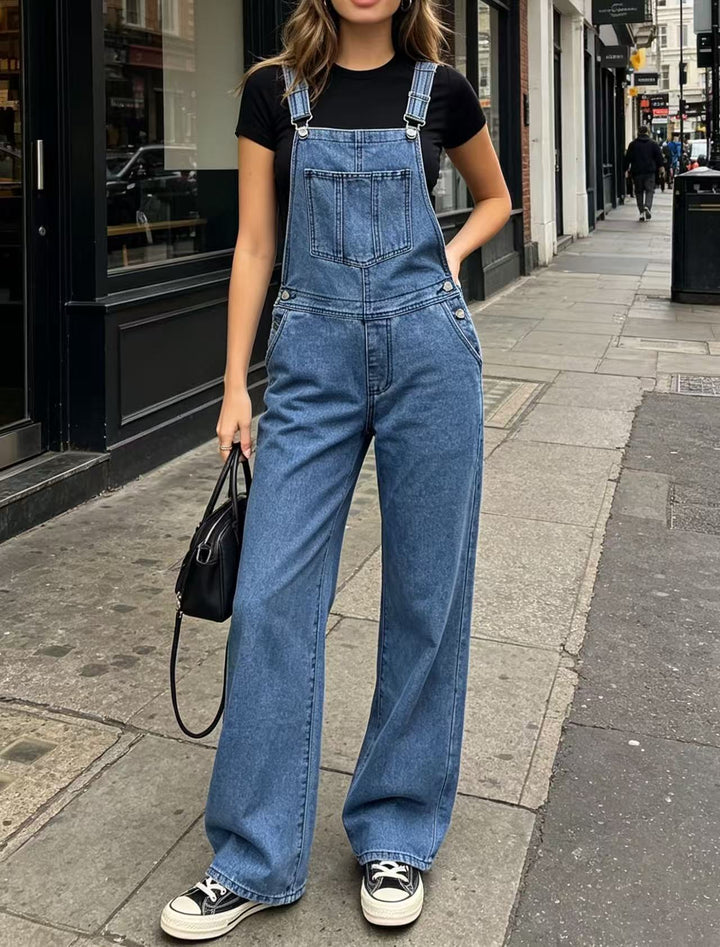 Damen nan weite Denim-Latzhose mit hoher Taille, verstellbaren Trägern und lässigem Schlag Echo Archiv