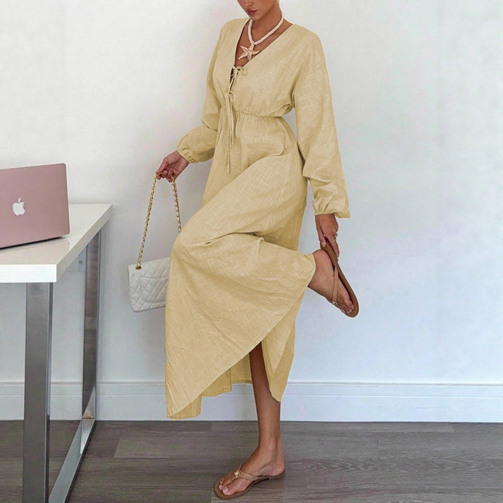 Damen Maxi‑Leinenkleid mit V‑Ausschnitt, Bindefront und Ballonärmeln – Avérine