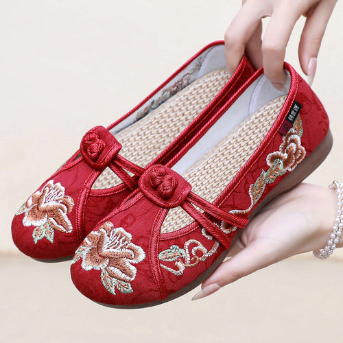 Damen nan bestickte Mary-Jane Slipper mit chinesischem Knotenverschluss und orthopädischer Komfortsohle Echo Archiv