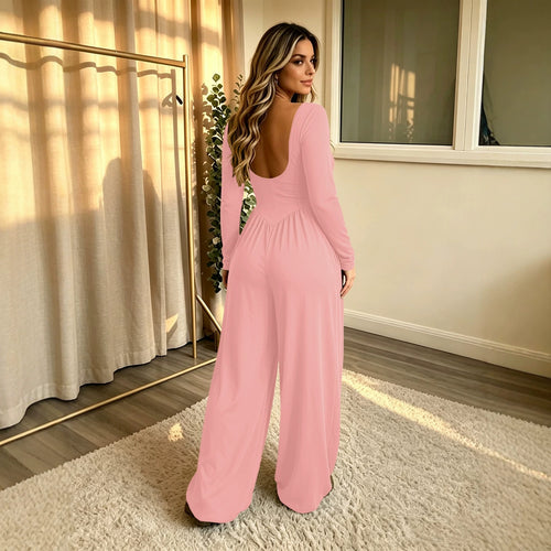 Damen Langer Jumpsuit mit weitem Bein, tiefem Rundhals und Eingrifftaschen Echoarchiv