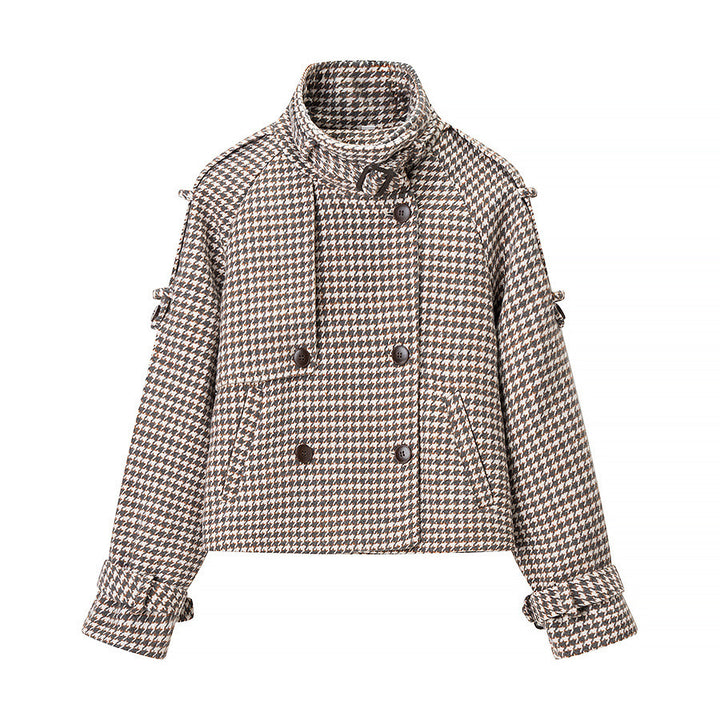 Damen Oversize-Trenchcoat mit Hahnentritt-Muster, hohem Stehkragen und Schulterklappen Echo Archiv