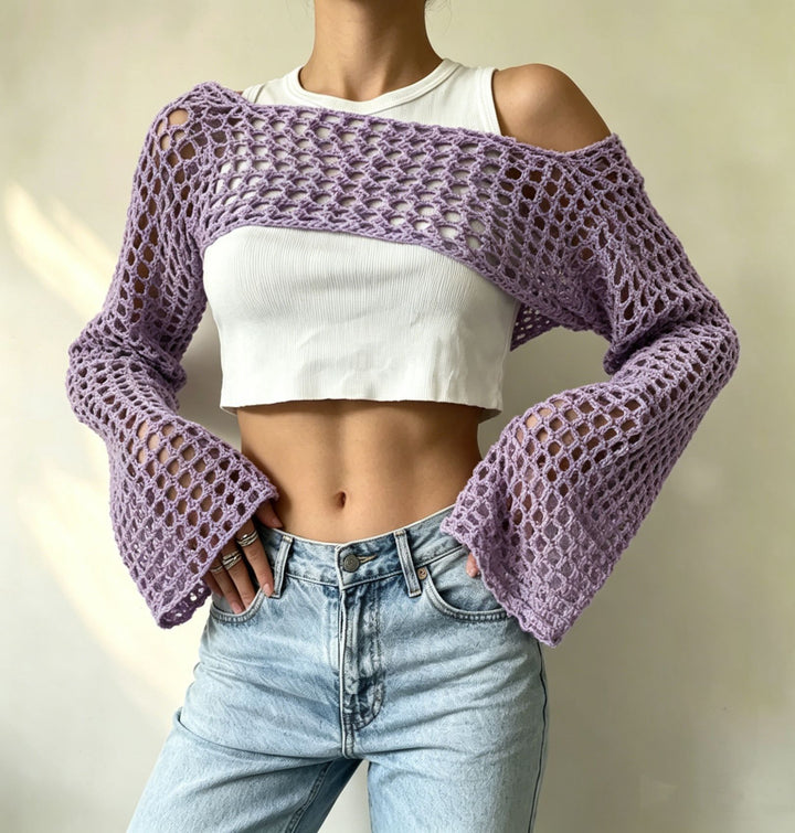 Damen gehäkelter kurzer Bolero mit asymmetrischem Schulterauschnitt und ausgestellten Ärmeln – Célinea