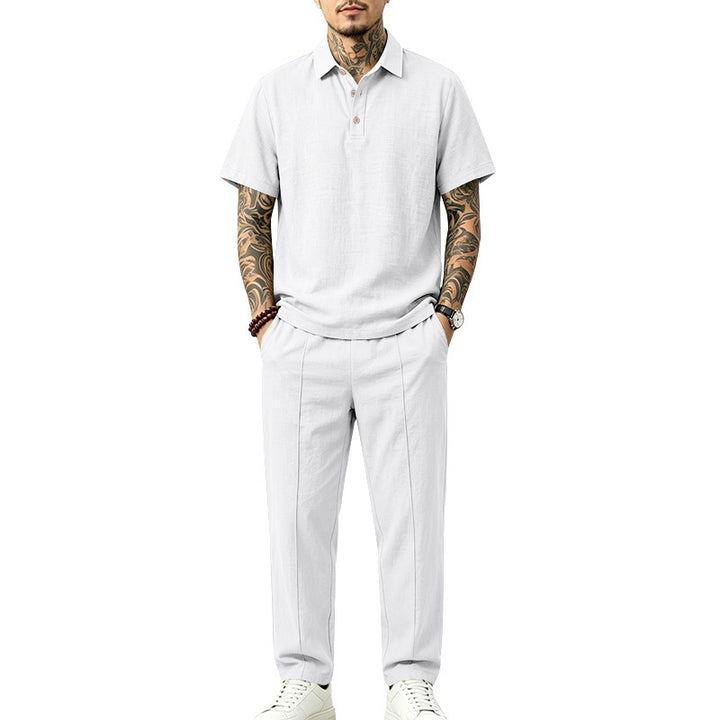 Herren Leichtes Leinenoptik-Loungewear-Set mit Polokragen und Bundfalten Echoarchiv