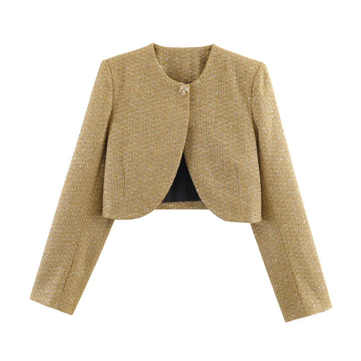 Damen kurzes Bouclé-Blazerjacke mit Rundhals und Zierknopf – Valéne