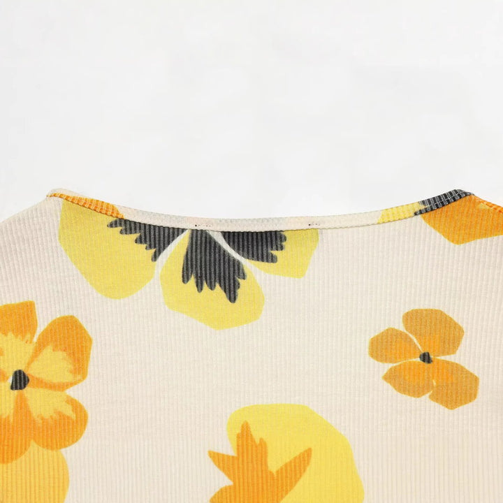 Damen Geblümte Cropped-Bluse mit V-Ausschnitt, Raffung und voluminösen Puffärmeln Echoarchiv