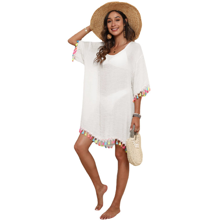 Damen luftiger Strandüberwurf mit buntem Quastenrand Echo Archiv
