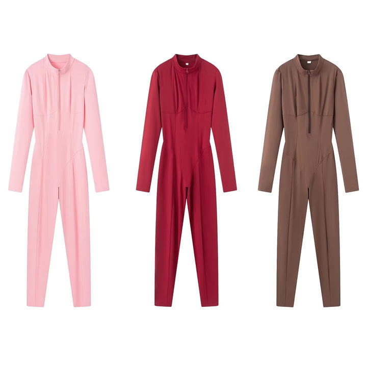 Damen Slim-Fit einteiliger Catsuit mit Reißverschluss und hohem Kragen Echo Archiv