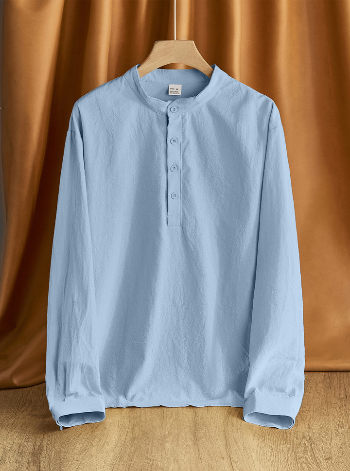Herren Leinen-Mix Langarmshirt Henley mit Stehkragen Echoarchiv