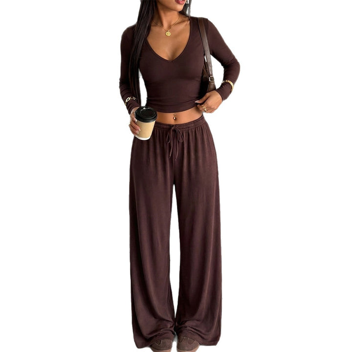 Damen elegantes Lounge-Set mit figurbetontem V-Ausschnitt Longsleeve und weiten Relax-Hosen – Élanora