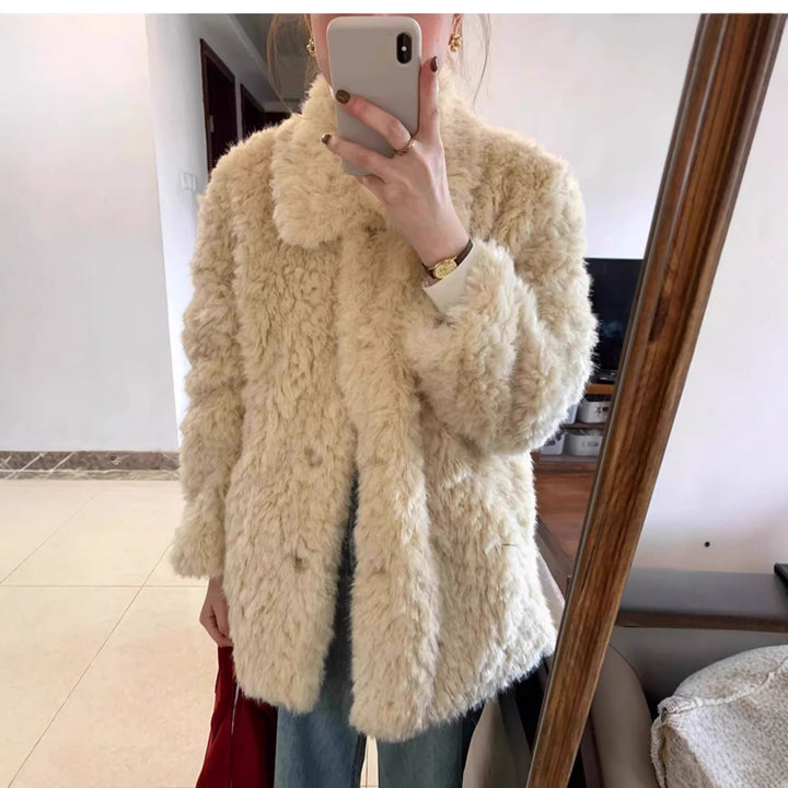Damen Kurzer Teddy-Kunstfellmantel mit vollem Kragen und kastiger Silhouette Echoarchiv