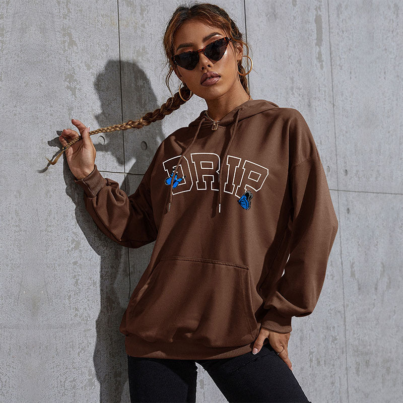 Damen Oversize-Kapuzenpullover mit Kängurutasche und Schmetterling-Stickerei Echoarchiv