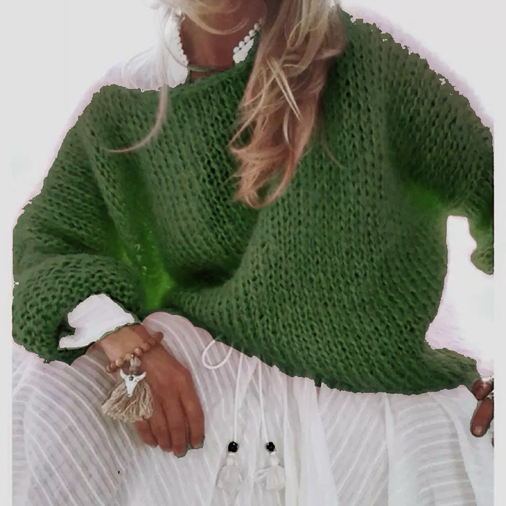 Damen Kurzgeschnitteter flauschiger Grobstrickpullover mit überschnittener Schulter – Mavelle