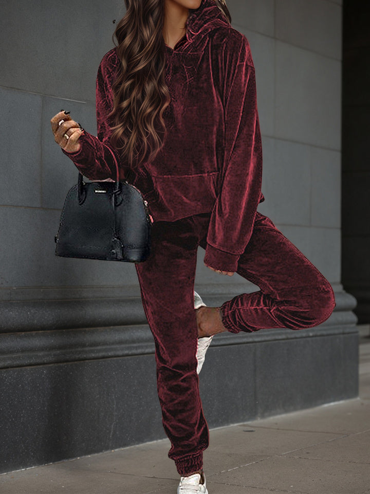 Damen Samt-Jogginganzug mit Kapuzenhoodie, Kängurutasche und elastischer Bündchenhose Echoarchiv