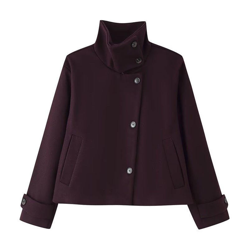 Damen kurze Boxy-Wolljacke mit Stehkragen und Manschetten Echo Archiv