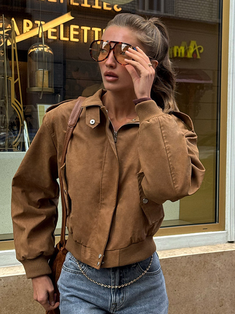 Damen Kurz geschnittene Bomberjacke aus Velourslederoptik mit Rippbündchen Echoarchiv
