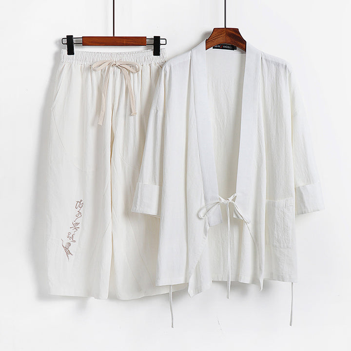 Unisex Leichtes Kimono-Loungewear-Set aus Baumwoll-Leinen mit bestickter Haremshose und Bindegürtel Echoarchiv