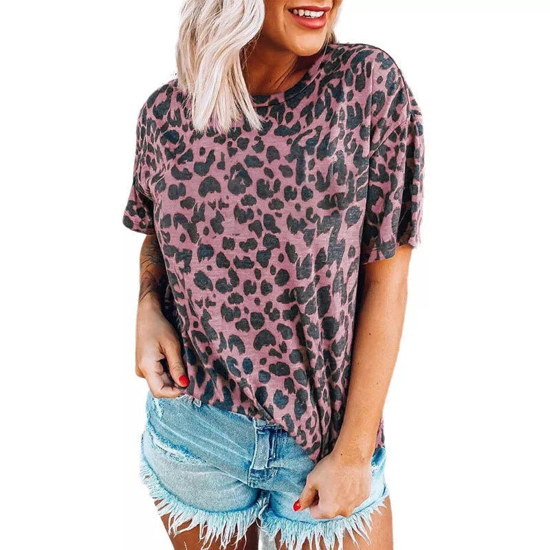 Damen lässiges Leoprint T-Shirt mit weichem Stoff und lockerer Passform Echoarchiv