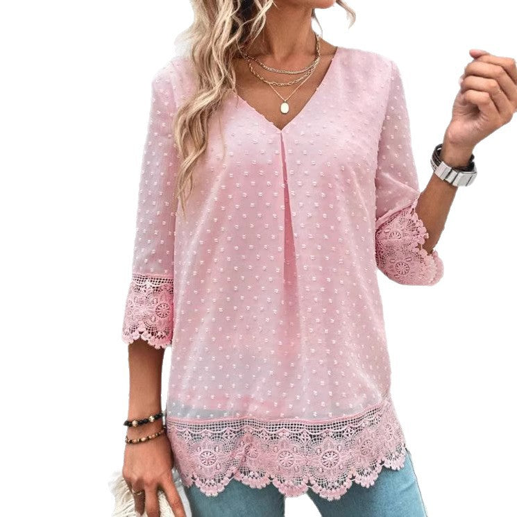 Damen nan transparente Chiffonbluse mit Pünktchenstruktur, Spitzenbesatz, V-Ausschnitt und dreiviertelärmeln Echo Archiv