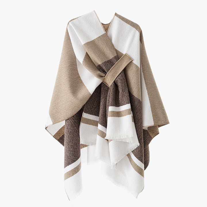 Damen Oversize-Capeponcho aus Wollmix mit Bindeschlaufe und Streifenbordüre Echo Archiv