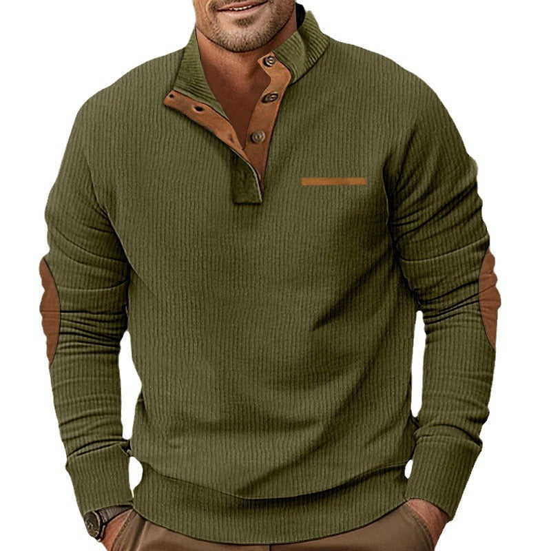 Herren nan strukturiertes Halbknopf-Stehkragen-Pullover mit Wildleder-Ellbogenpatches Echo Archiv