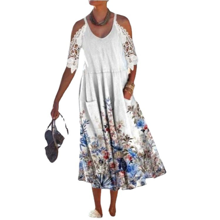 Damen nan fließendes Maxikleid mit Schulterausschnitten Häkelspitzenärmeln A‑Linien‑Schnitt und Eingrifftaschen Echo Archiv