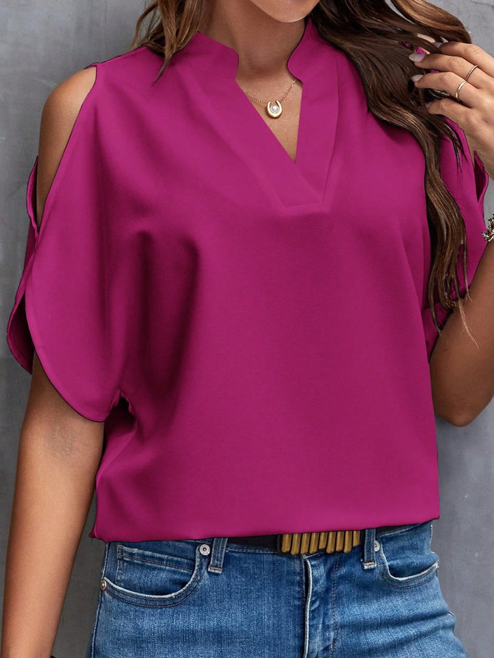Damen Schulterfreie Chiffonbluse mit V-Ausschnitt und Stehkragen – Élovi