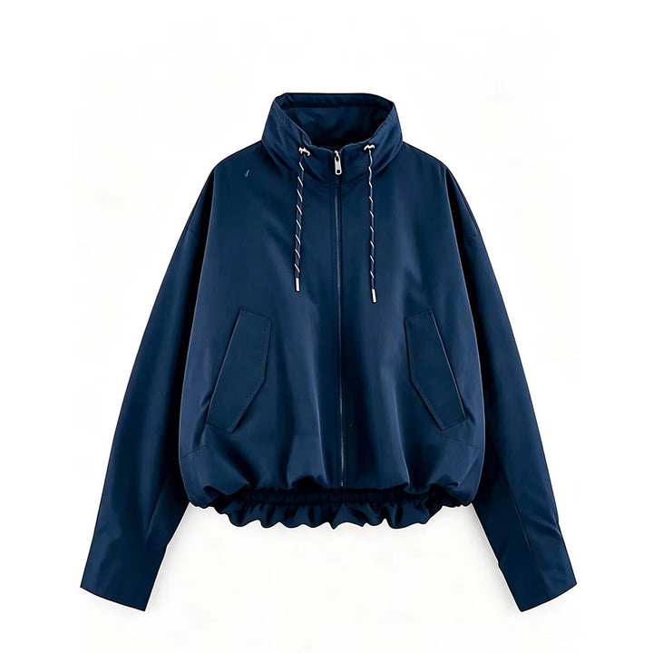 Damen Cropped Oversize Windbreaker mit hohem Funnelkragen, Kordelzug und gerafftem Elastikbund Echoarchiv