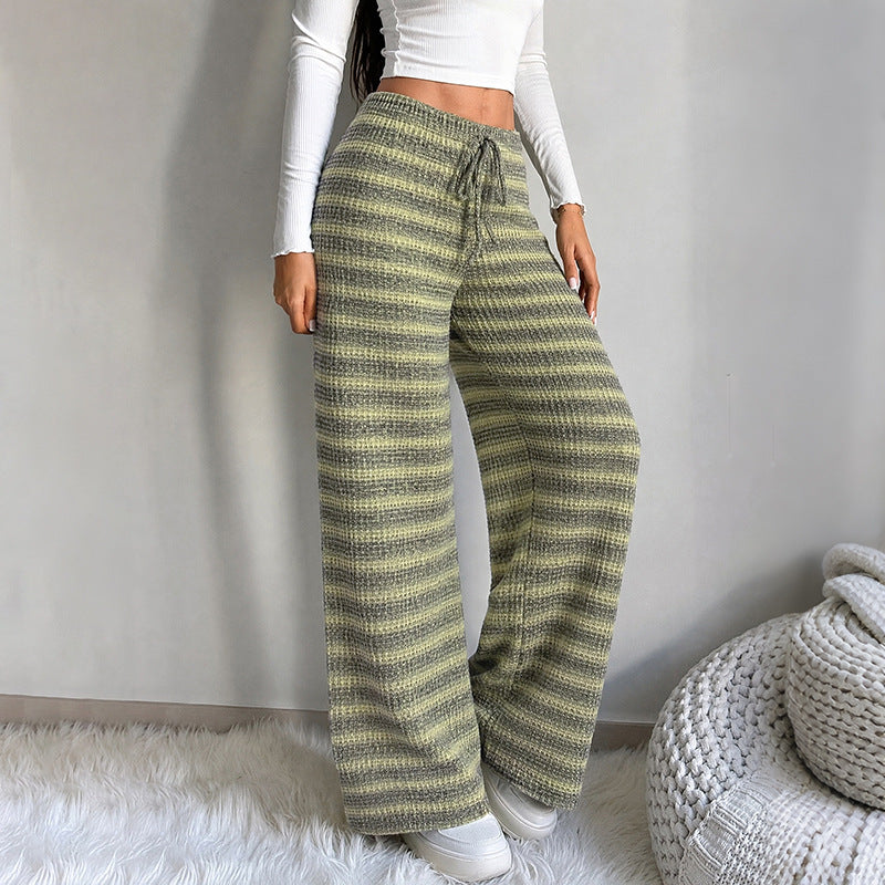Damen Weiche Gestreifte Strick-Loungehose mit weitem Bein und Tunnelzug – Avélisse