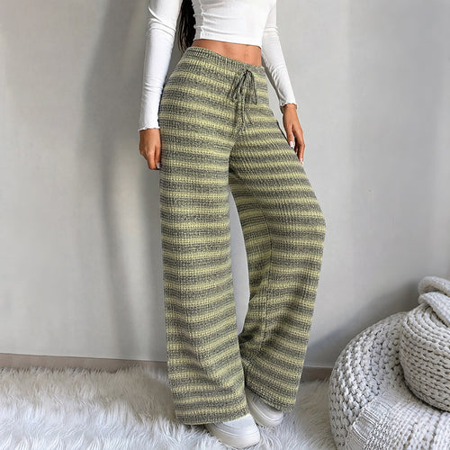 Damen Weiche Gestreifte Strick-Loungehose mit weitem Bein und Tunnelzug – Avélisse
