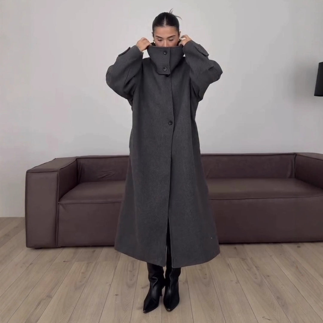Damen 300+ langer minimalistischer Wollmix‑Mantel mit Stehkragen und verdeckter Knopfleiste Echo Archiv
