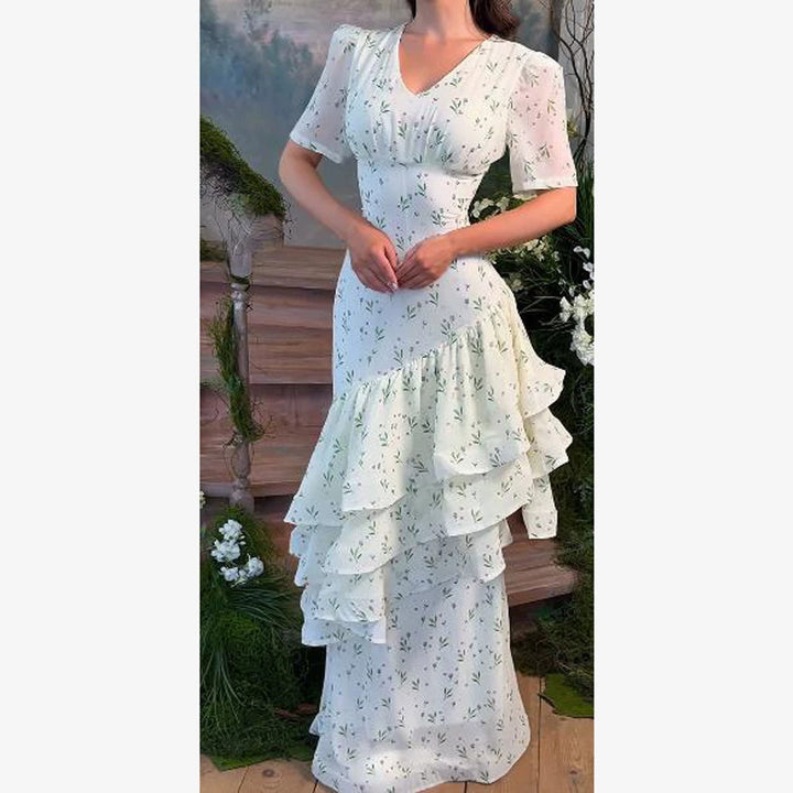 Damen Maxikleid im Vintage‑Romantik‑Stil mit asymmetrischen Volants und Puffärmeln Echoarchiv