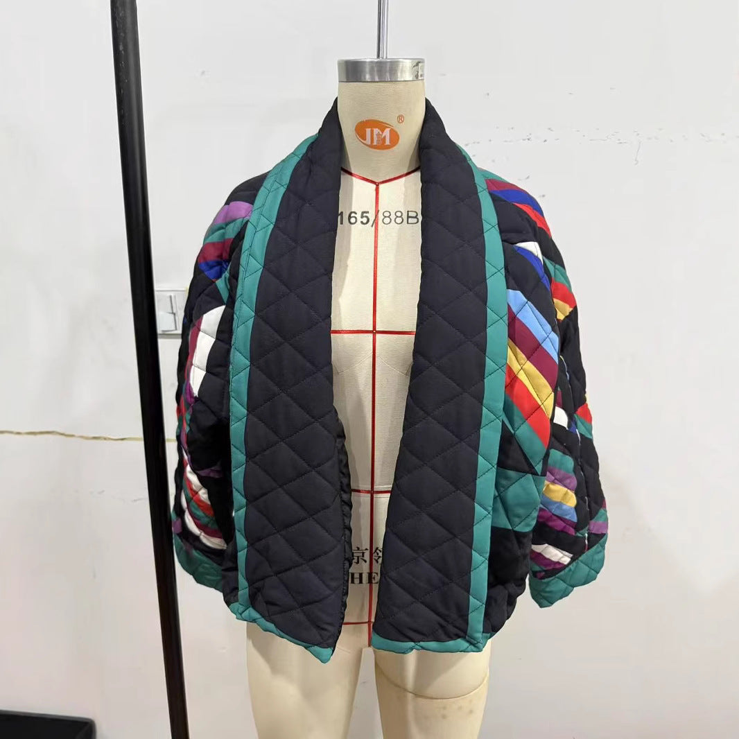 Damen wattierte Kimono-Steppjacke mit Patchwork-Design und weiten Ärmeln Echo Archiv
