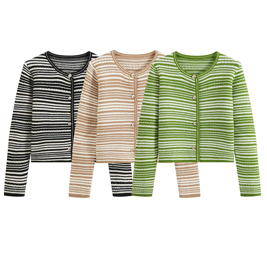Damen gestreifte Kurzstrickjacke mit Rundhals und dekorativen Knöpfen Echo Archiv
