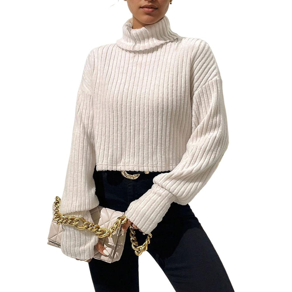 Damen geripptes Cropped‑Rollkragenpullover mit überschnittenen Schultern und voluminösen Ärmeln – Mavelle
