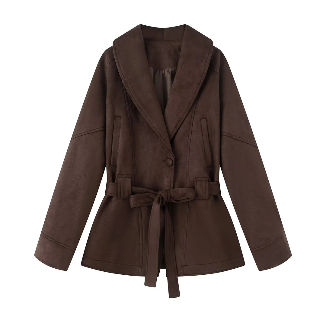 Damen nan kurzer Veloursoptik-Mantel mit Schalkragen, Bindegürtel und Eingrifftaschen Echo Archiv