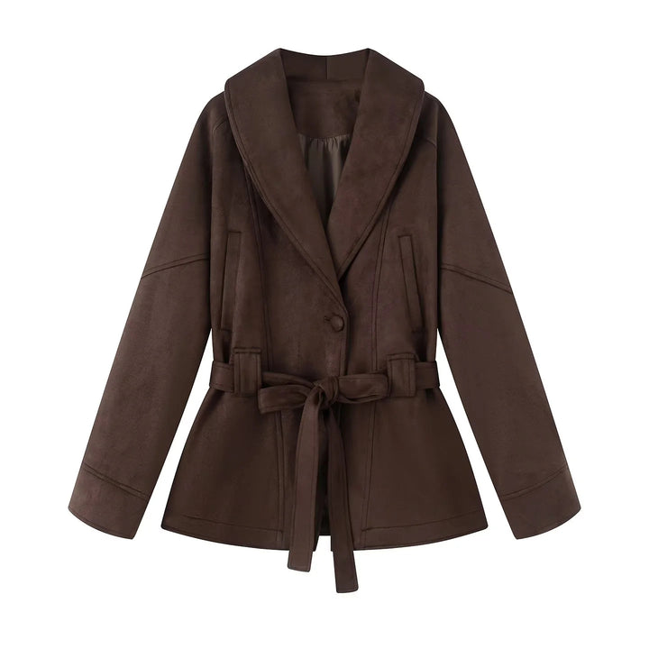 Damen nan kurzer Veloursoptik-Mantel mit Schalkragen, Bindegürtel und Eingrifftaschen Echo Archiv