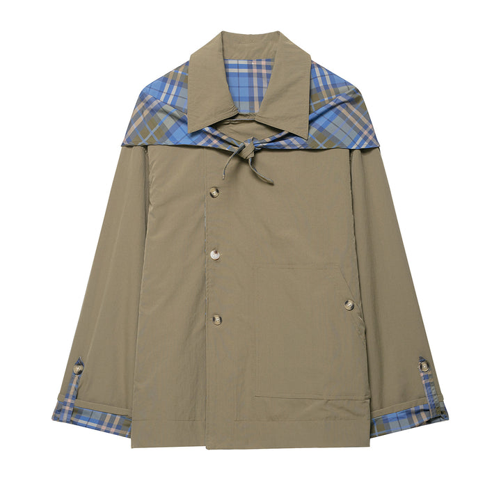 Damen 100+ kurzer Cape‑Trench mit karierter Innenverarbeitung und Knotenverschluss Echo Archiv