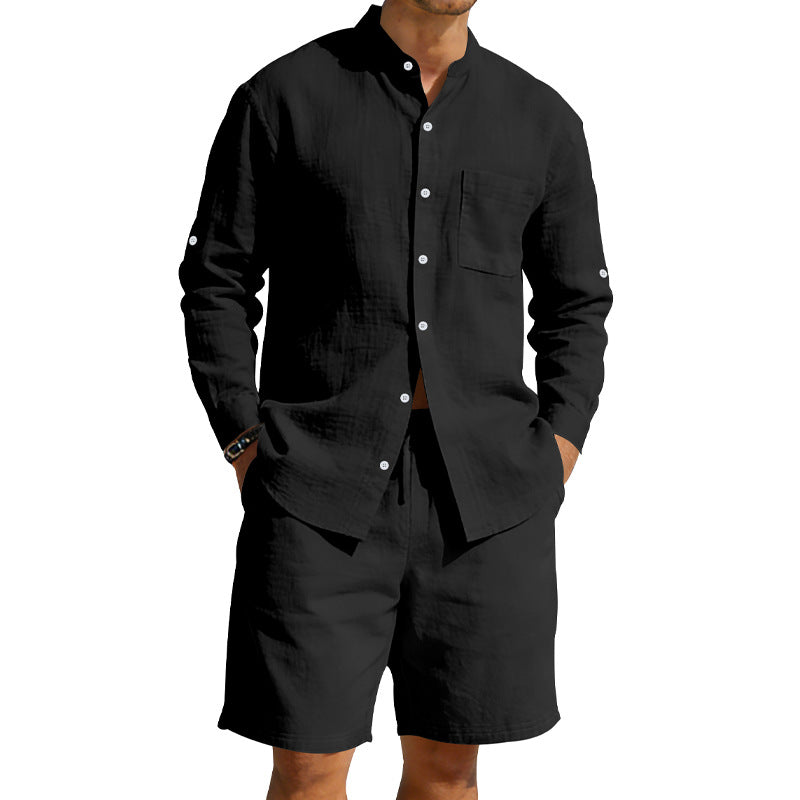 Herren nan sommerliches Leinen-Set mit Stehkragenhemd und Kordelzug-Kurzhose Echo Archiv