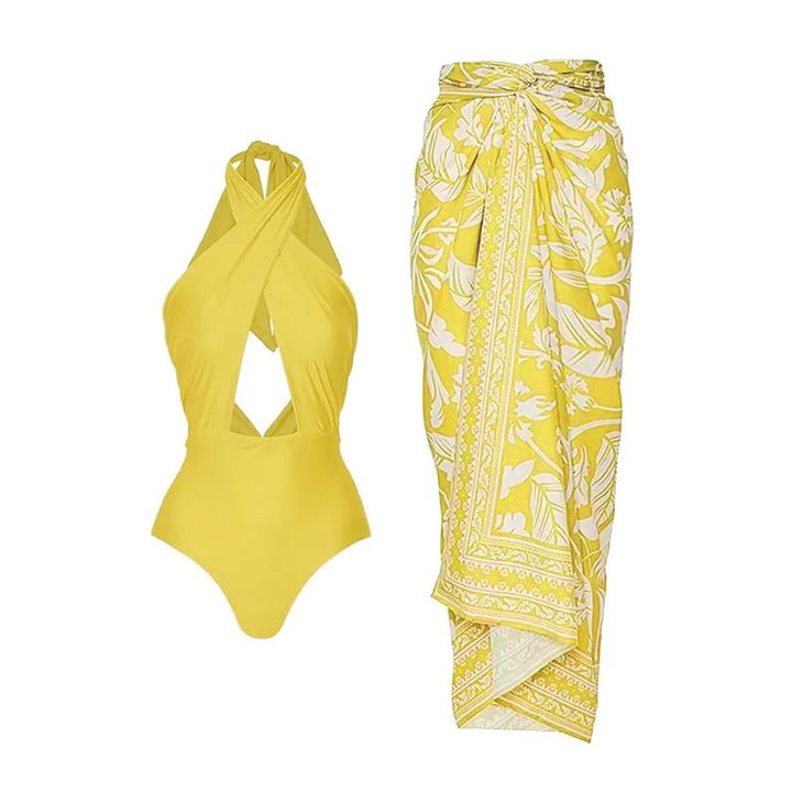 Damen Einteiler Badeanzug mit asymmetrischem Schnitt und floralem Wickelrock Echo Archiv